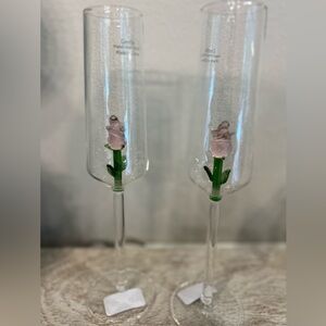 Pink Rose Glass Champagne Flutes (with glass rose inside) set of 2 NEW Viral HTF